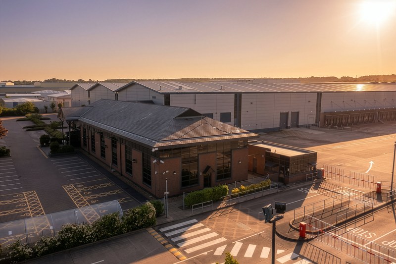 The two-storey brick office building and the gatehouse at the entrance to Brackmills 195, with the warehouse behind, in early sunlight